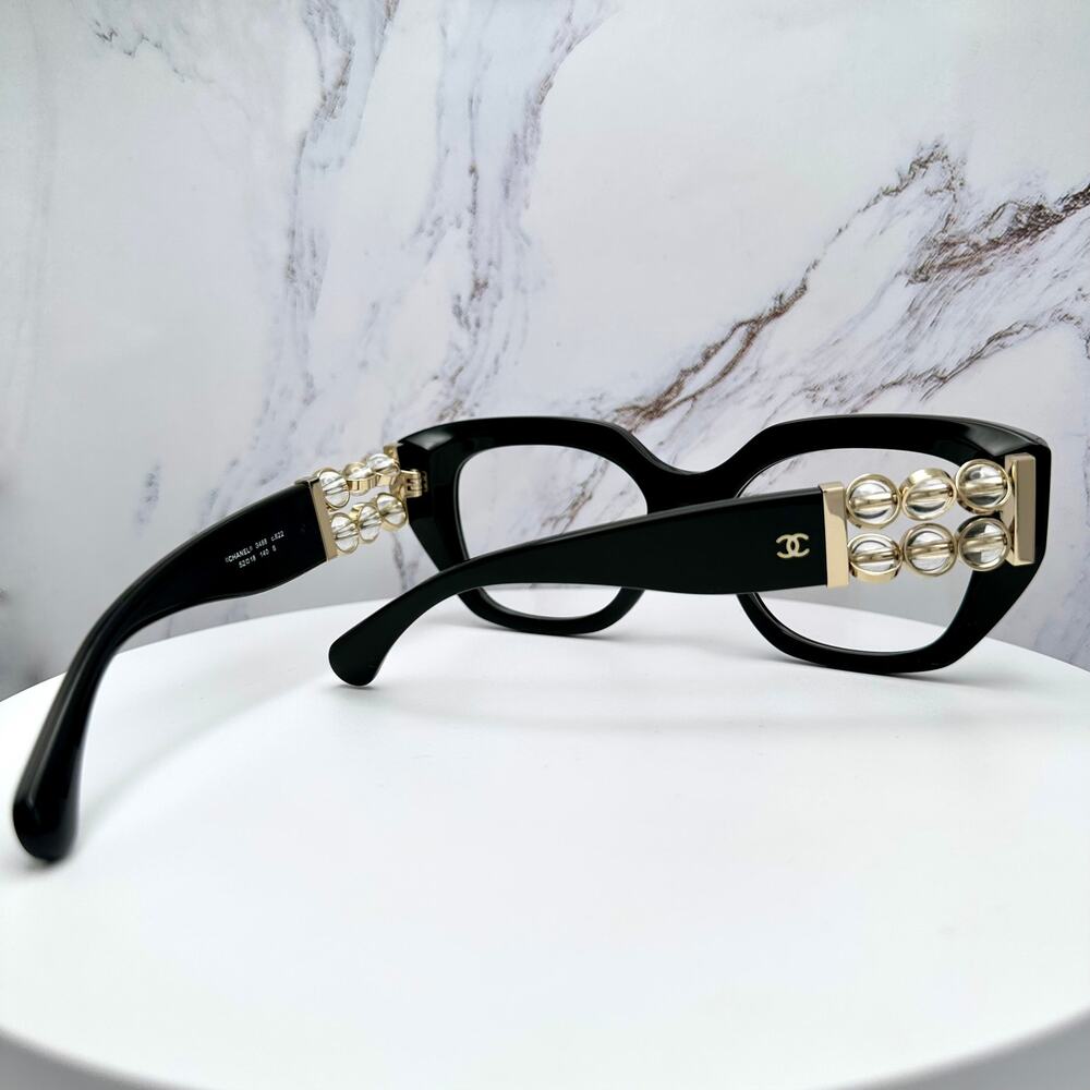 New CHANEL Eyeglasses Black Gold Cat Eye Clear Rotating Pearls 52mm - Picture 8 of 15